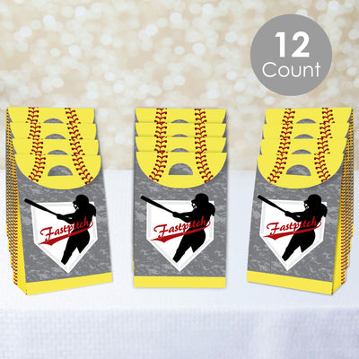 Grand Slam - Fastpitch Softball - Birthday or Baby Shower Gift Favor Bags - Party Goodie Boxes - Set of 12