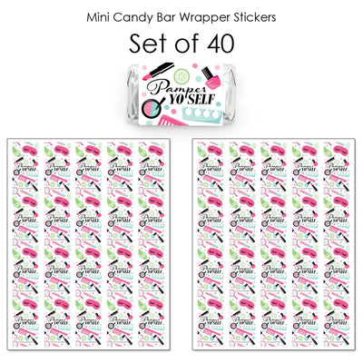 Spa Day - Mini Candy Bar Wrapper Stickers - Girls Makeup Party Small Favors - 40 Count