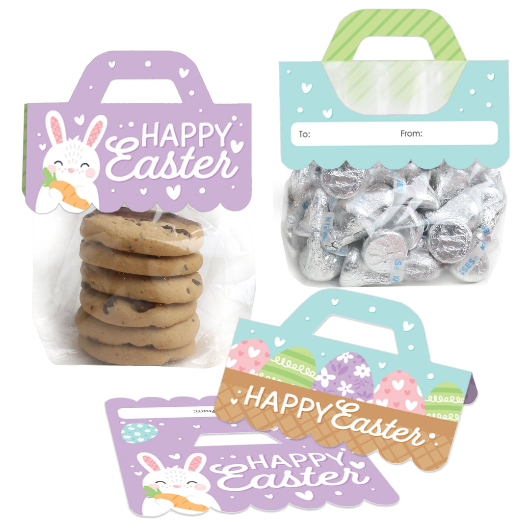 Clear plastic goodie bags with colorful printed 'Happy Easter' labels featuring cartoon bunny designs, intended for holding Easter candy.