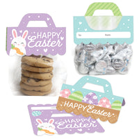 Clear plastic goodie bags with colorful printed 'Happy Easter' labels featuring cartoon bunny designs, intended for holding Easter candy.