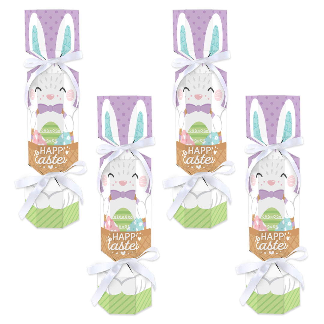 A set of four Spring Easter Bunny-themed DIY cracker boxes with a cartoon bunny face, purple background, and decorative elements.