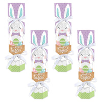 A set of four Spring Easter Bunny-themed DIY cracker boxes with a cartoon bunny face, purple background, and decorative elements.