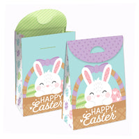 Two Easter-themed gift favor bags with colorful patterns and bunny designs, labeled 'HAPPY EASTER'.