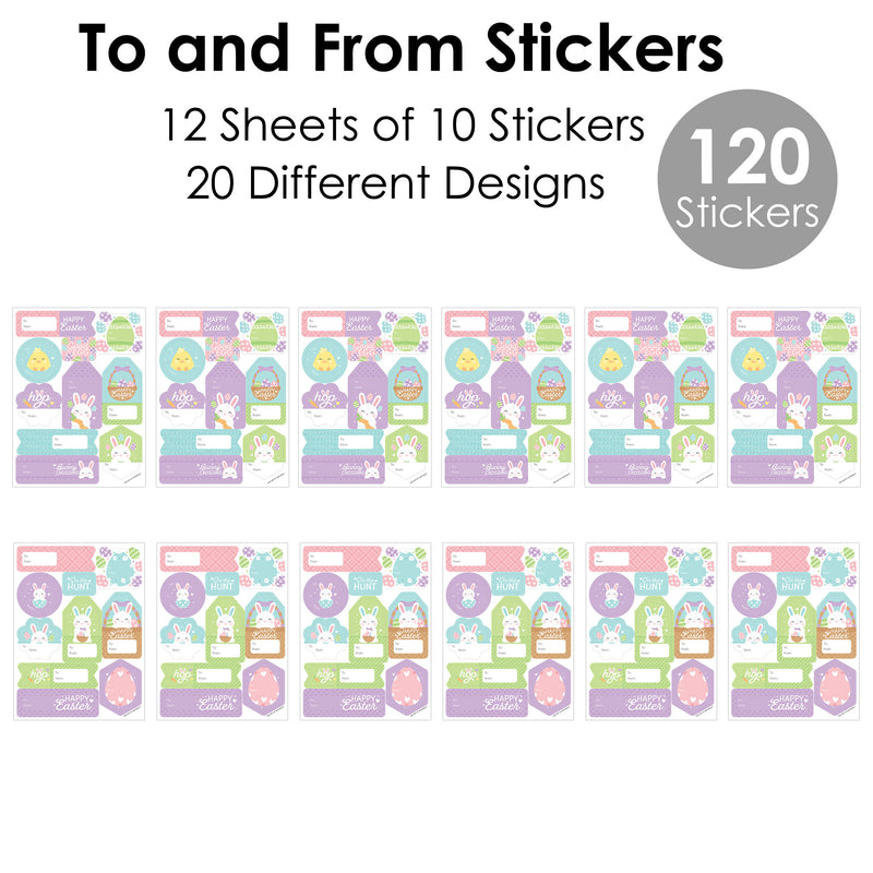 Spring Easter Bunny - Assorted Happy Easter Party Gift Tag Labels - To and From Stickers - 12 Sheets - 120 Stickers