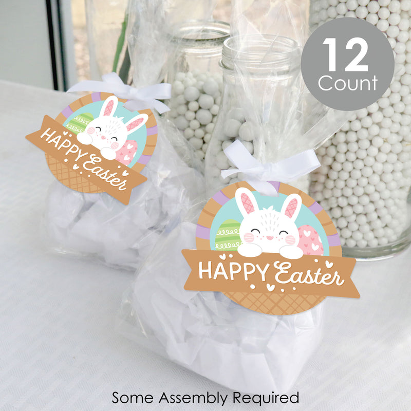 Spring Easter Bunny - Happy Easter Party Clear Goodie Favor Bags - Treat Bags With Tags - Set of 12