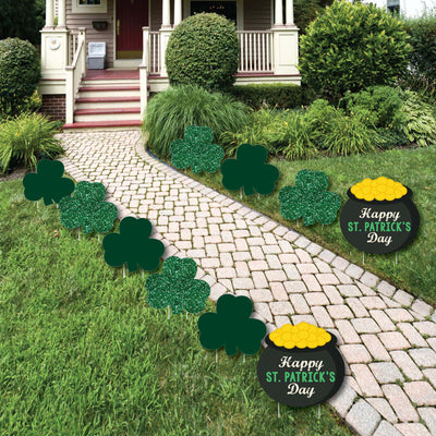 St. Patrick's Day - Shamrock and Pot of Gold Lawn Decorations - Outdoor Saint Patty's Day Party Yard Decorations - 10 Piece