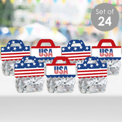 Stars & Stripes - DIY Patriotic Party Clear Goodie Favor Bag Labels - Candy Bags with Toppers - Set of 24