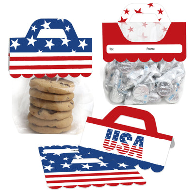 Stars & Stripes - DIY Patriotic Party Clear Goodie Favor Bag Labels - Candy Bags with Toppers - Set of 24