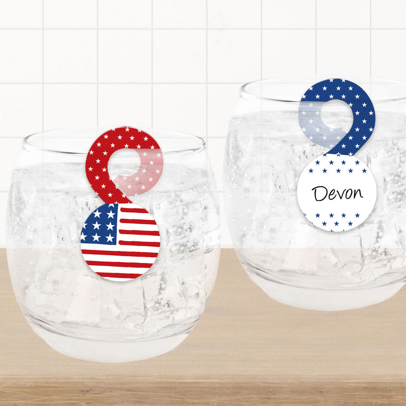 Stars & Stripes - Patriotic Party Paper Beverage Markers for Glasses - Drink Tags - Set of 24