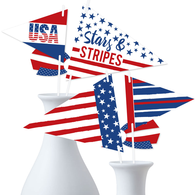Stars & Stripes - Triangle Patriotic Party Photo Props - Pennant Flag Centerpieces - Set of 20