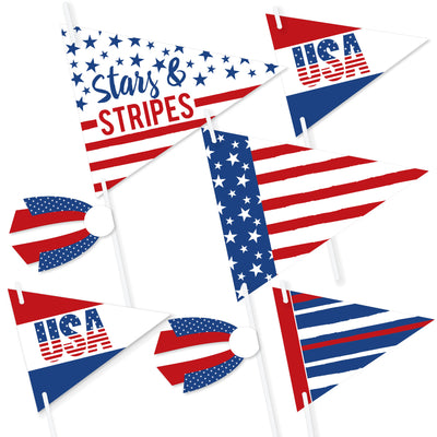 Stars & Stripes - Triangle Patriotic Party Photo Props - Pennant Flag Centerpieces - Set of 20