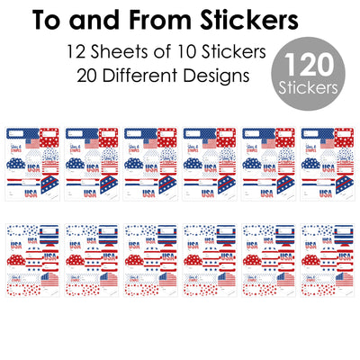 Stars & Stripes - Assorted Patriotic Party Gift Tag Labels - To and From Stickers - 12 Sheets - 120 Stickers