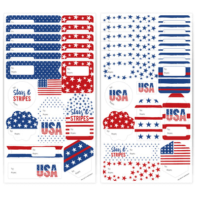 Stars & Stripes - Assorted Patriotic Party Gift Tag Labels - To and From Stickers - 12 Sheets - 120 Stickers