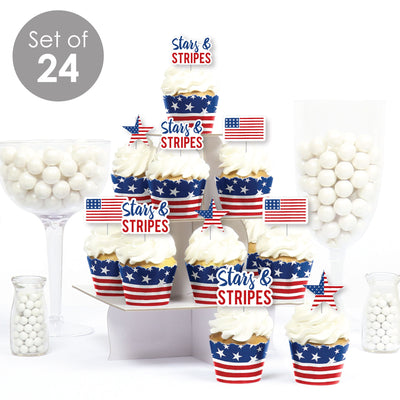 Stars & Stripes - Cupcake Decoration - Patriotic Party Cupcake Wrappers and Treat Picks Kit - Set of 24