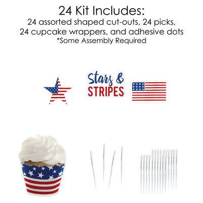 Stars & Stripes - Cupcake Decoration - Patriotic Party Cupcake Wrappers and Treat Picks Kit - Set of 24