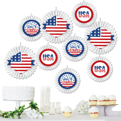 Stars & Stripes - Hanging Patriotic Party Tissue Decoration Kit - Paper Fans - Set of 9