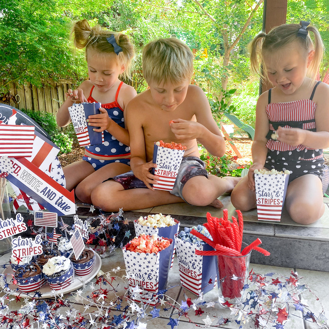 Stars and Stripes - Memorial Day, 4th of July and Labor Day USA Patriotic Party Favor Popcorn Treat Boxes - Set of 12