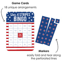 Stars & Stripes - Bar Bingo Cards and Markers - Patriotic Party Shaped Bingo Game - Set of 18