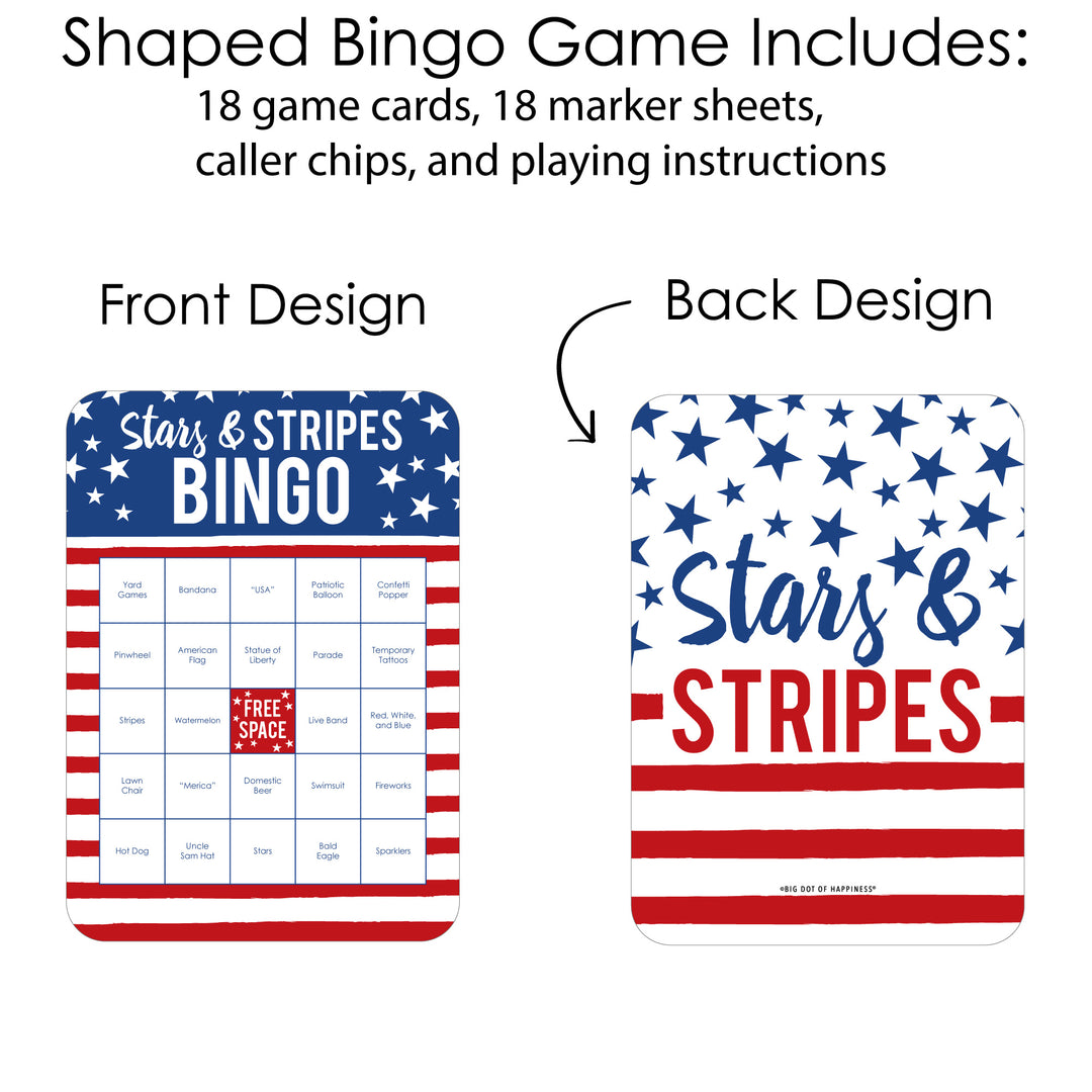 Stars & Stripes - Bar Bingo Cards and Markers - Patriotic Party Shaped Bingo Game - Set of 18