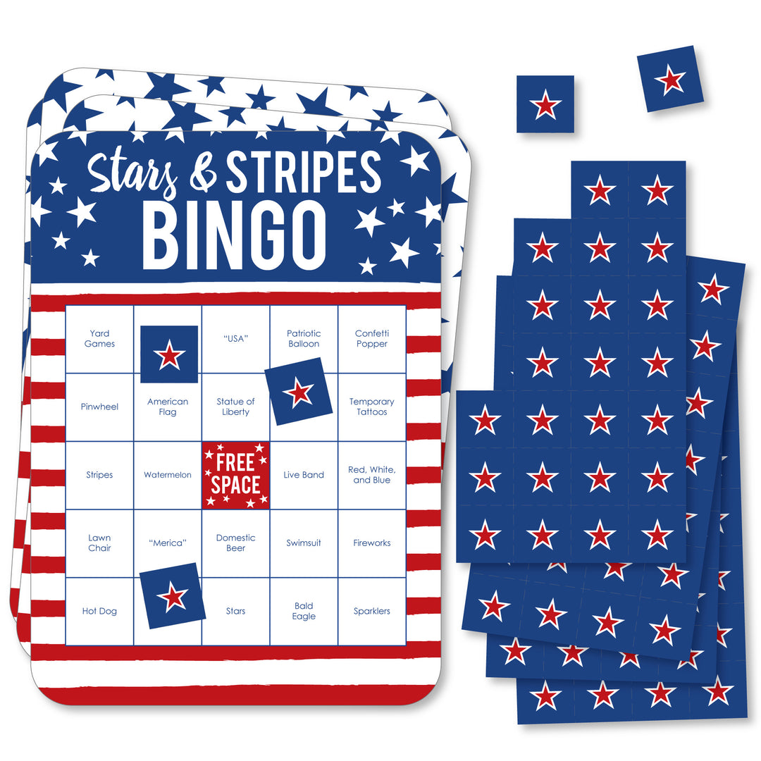 Stars & Stripes - Bar Bingo Cards and Markers - Patriotic Party Shaped Bingo Game - Set of 18