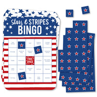 Stars & Stripes - Bar Bingo Cards and Markers - Patriotic Party Shaped Bingo Game - Set of 18