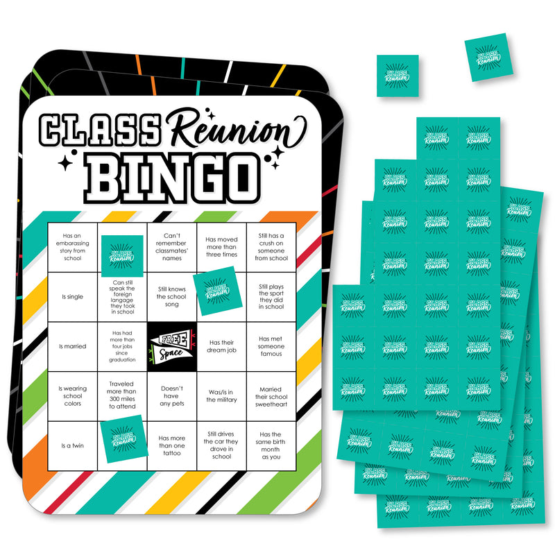 Still Got Class - Find the Guest Bingo Cards and Markers - High School Reunion Party Shaped Bingo Game - Set of 18