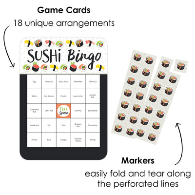 Let's Roll - Sushi - Bingo Cards and Markers - Japanese Party Bingo Game - Set of 18