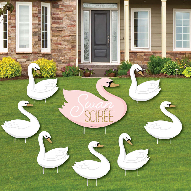 Swan Soiree - Yard Sign and Outdoor Lawn Decorations - White Swan Baby Shower or Birthday Party Yard Signs - Set of 8