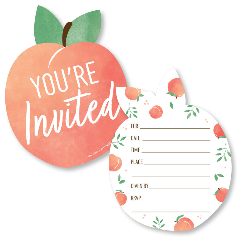 Sweet as a Peach - Shaped Fill-In Invitations - Fruit Themed Baby Shower or Birthday Party Invitation Cards with Envelopes - Set of 12
