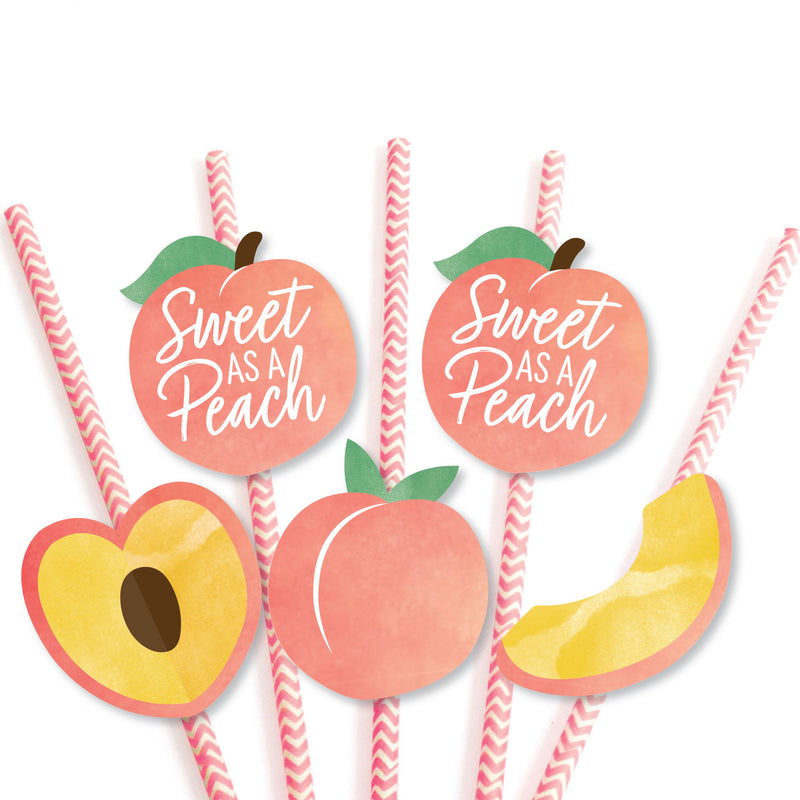 Sweet as a Peach - Paper Straw Decor - Fruit Themed Baby Shower or Birthday Party Striped Decorative Straws - Set of 24