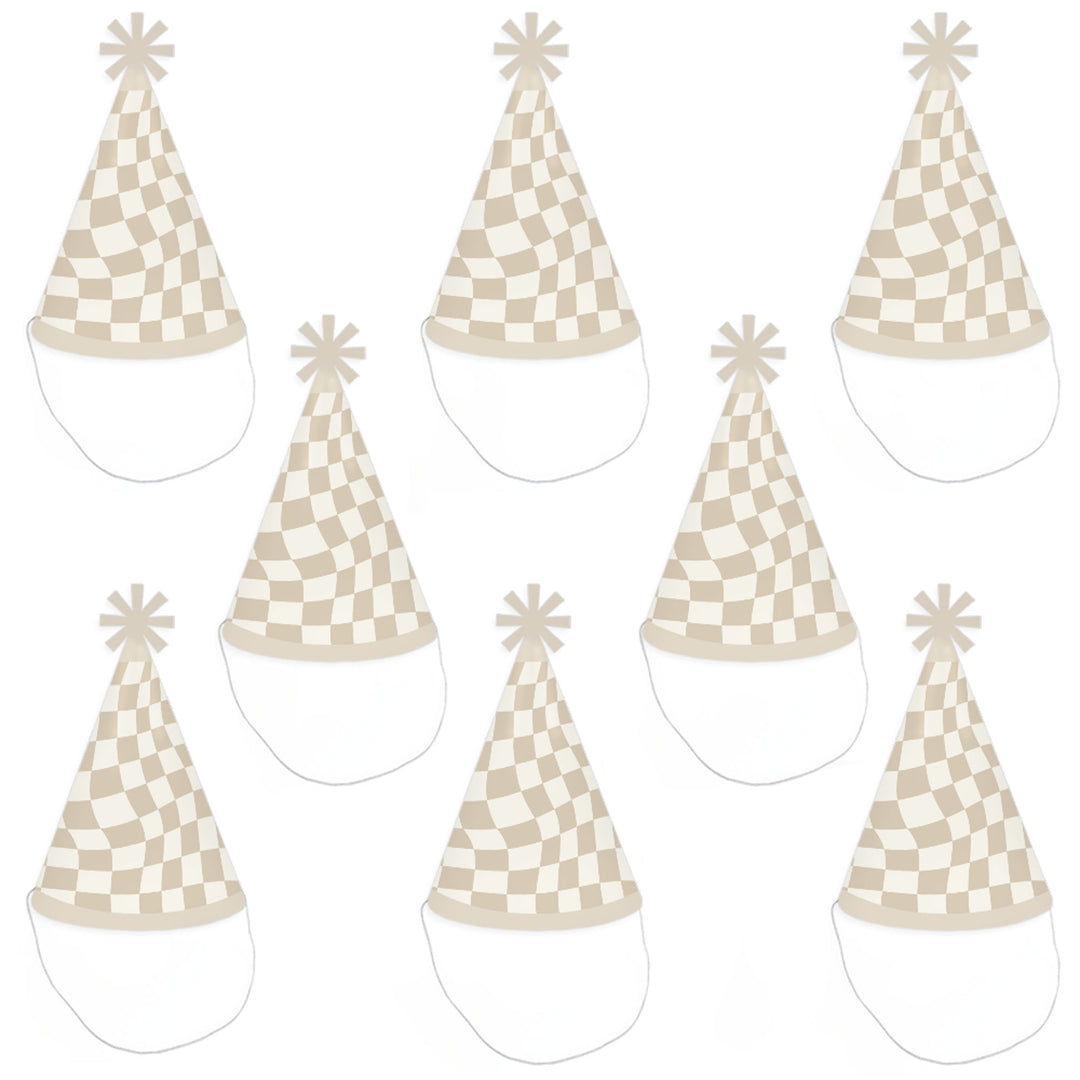 Checkered Party - Cone Happy Birthday Party Hats for Kids and Adults - Set of 8 (Standard Size)