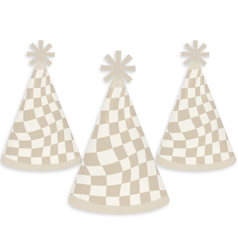Tan Checkered Party - Cone Happy Birthday Party Hats for Kids and Adults - Set of 8 (Standard Size)