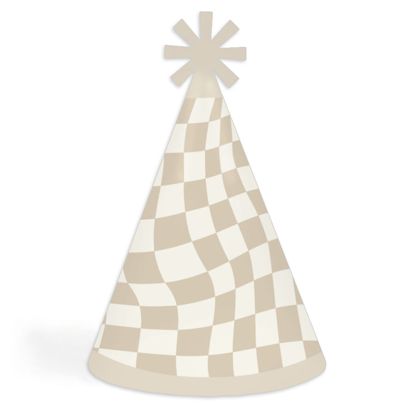 Tan Checkered Party - Cone Happy Birthday Party Hats for Kids and Adults - Set of 8 (Standard Size)