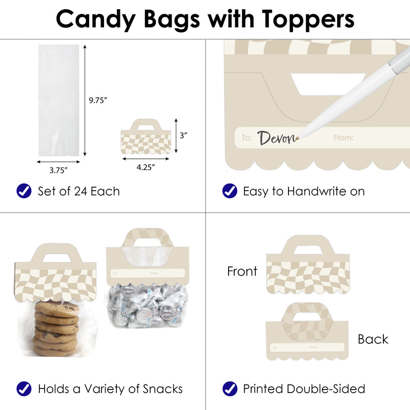 Tan Checkered Party - DIY Clear Goodie Favor Bag Labels - Candy Bags with Toppers - Set of 24