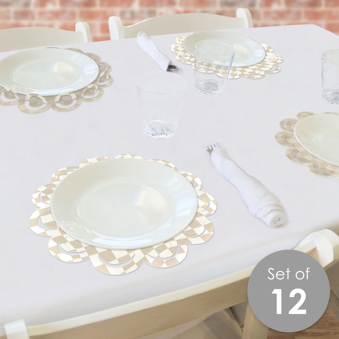 Tan Checkered Party - Round Table Decorations - Paper Chargers - Place Setting For 12