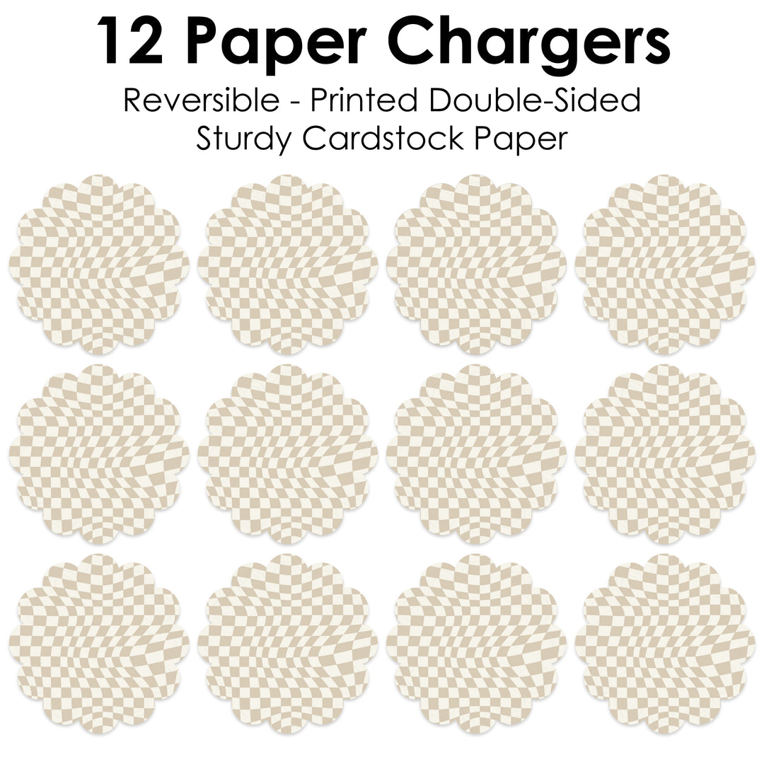Tan Checkered Party - Round Table Decorations - Paper Chargers - Place Setting For 12
