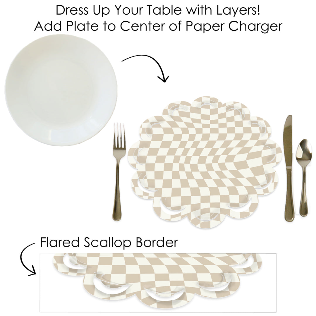 Tan Checkered Party - Round Table Decorations - Paper Chargers - Place Setting For 12