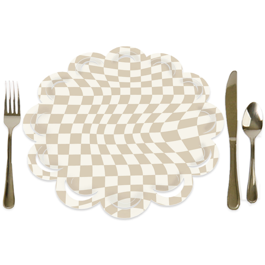 Tan Checkered Party - Round Table Decorations - Paper Chargers - Place Setting For 12