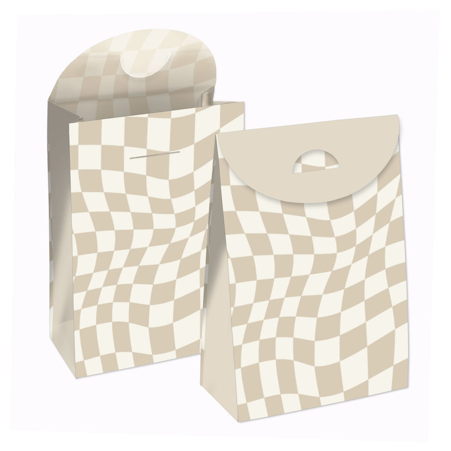 Two tan checkered party goodie bags with a checkered pattern on them, displayed against a white background.