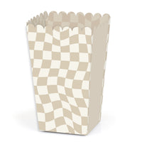 A tan checkered party favor popcorn treat box.