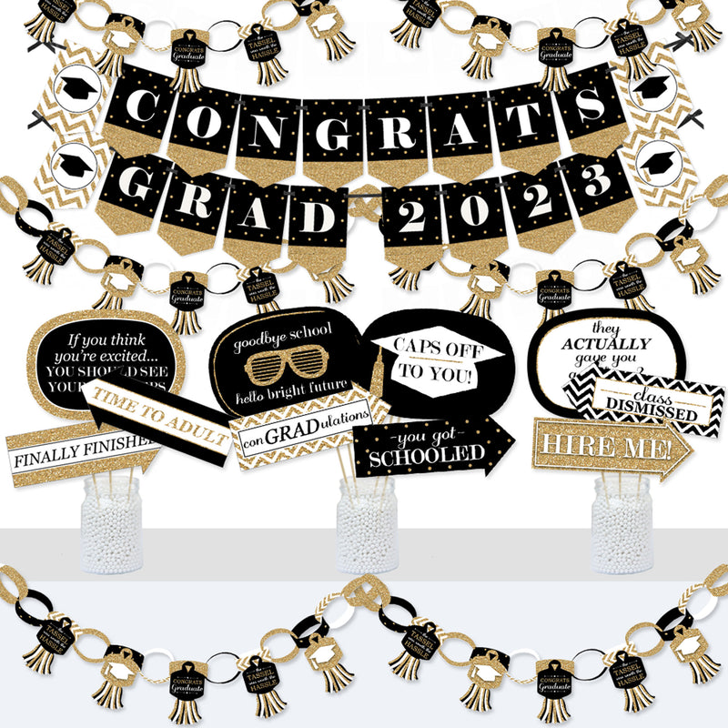 Tassel Worth The Hassle - Gold - Banner and Photo Booth Decorations - 2023 Graduation Party Supplies Kit - Doterrific Bundle