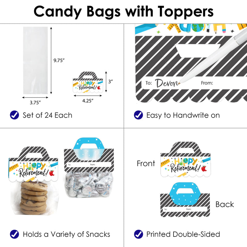 Teacher Retirement - DIY Happy Retirement Party Clear Goodie Favor Bag Labels - Candy Bags with Toppers - Set of 24