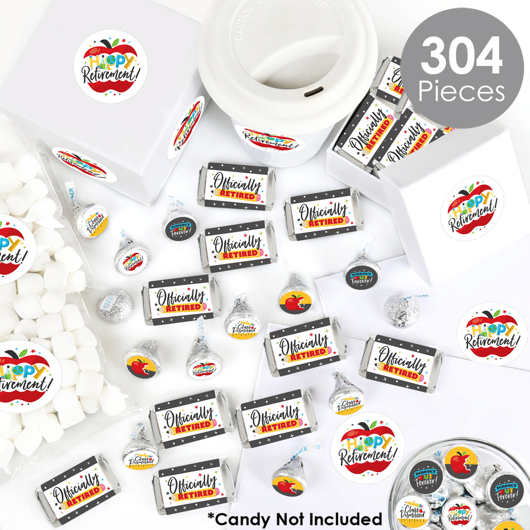 Teacher Retirement - Mini Candy Bar Wrappers, Round Candy Stickers and Circle Stickers - Happy Retirement Party Candy Favor Sticker Kit - 304 Pieces