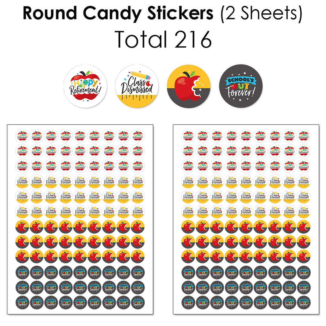 Teacher Retirement - Mini Candy Bar Wrappers, Round Candy Stickers and Circle Stickers - Happy Retirement Party Candy Favor Sticker Kit - 304 Pieces