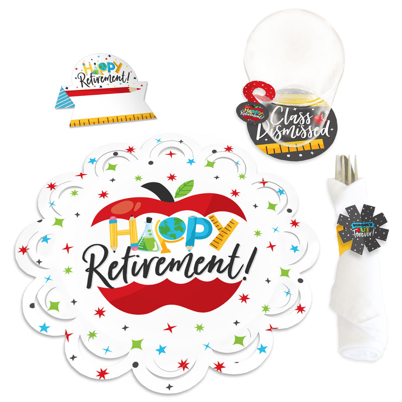 Teacher Retirement - Happy Retirement Party Paper Charger and Table Decorations - Chargerific Kit - Place Setting for 8