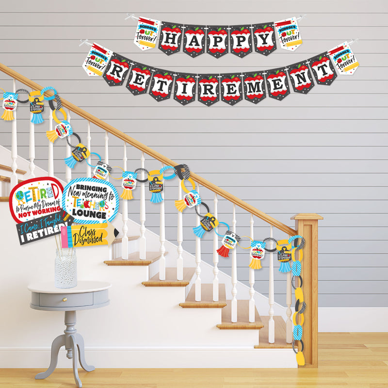 Teacher Retirement - Banner and Photo Booth Decorations - Happy Retirement Party Supplies Kit - Doterrific Bundle