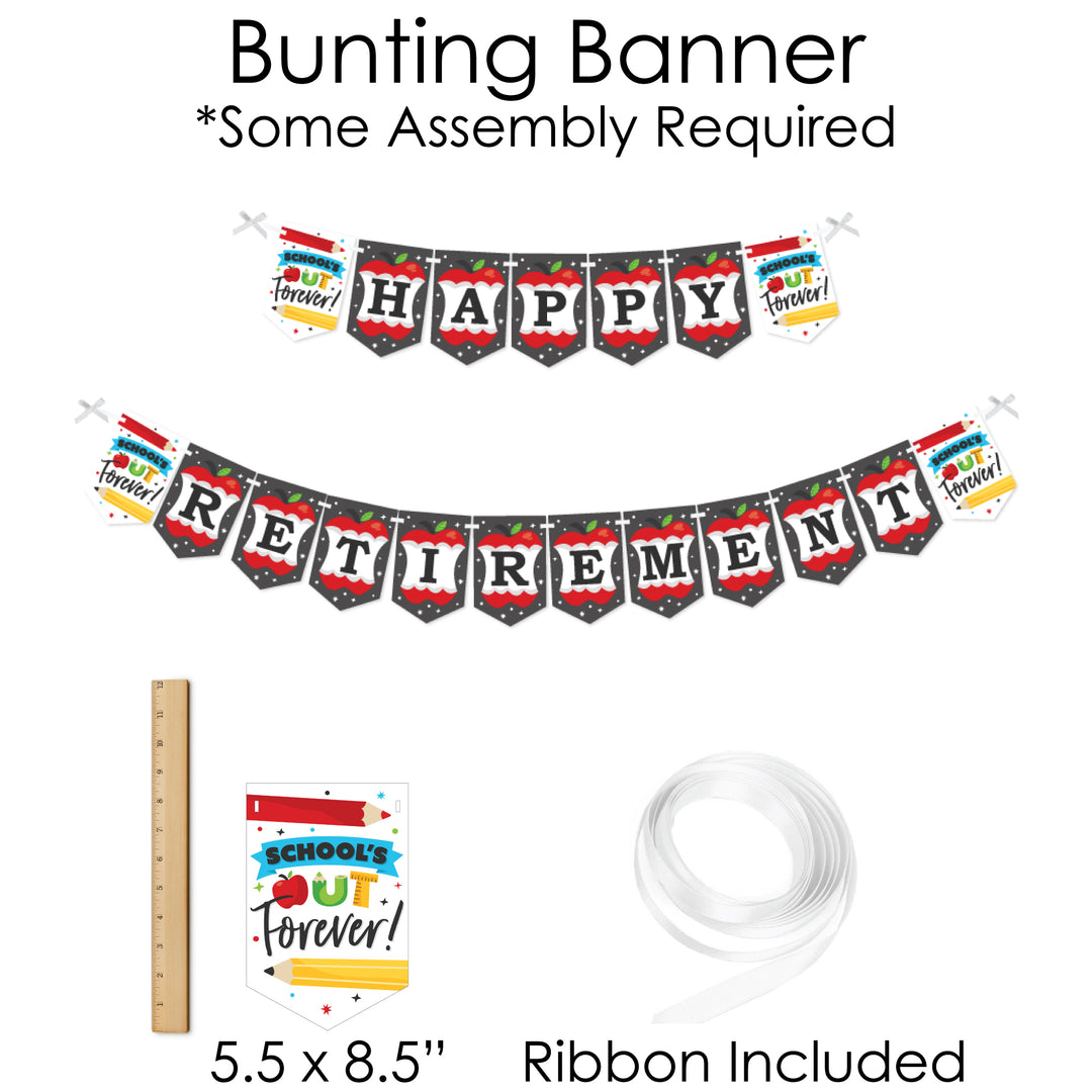 Teacher Retirement - Banner and Photo Booth Decorations - Happy Retirement Party Supplies Kit - Doterrific Bundle