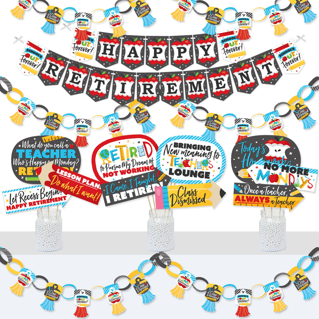 A set of decorations for a teacher's retirement party, including a bunting banner, paper chains with tassels, and various photo booth props arranged on a white background.