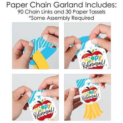 Teacher Retirement - 90 Chain Links and 30 Paper Tassels Decoration Kit - Happy Retirement Party Paper Chains Garland - 21 feet