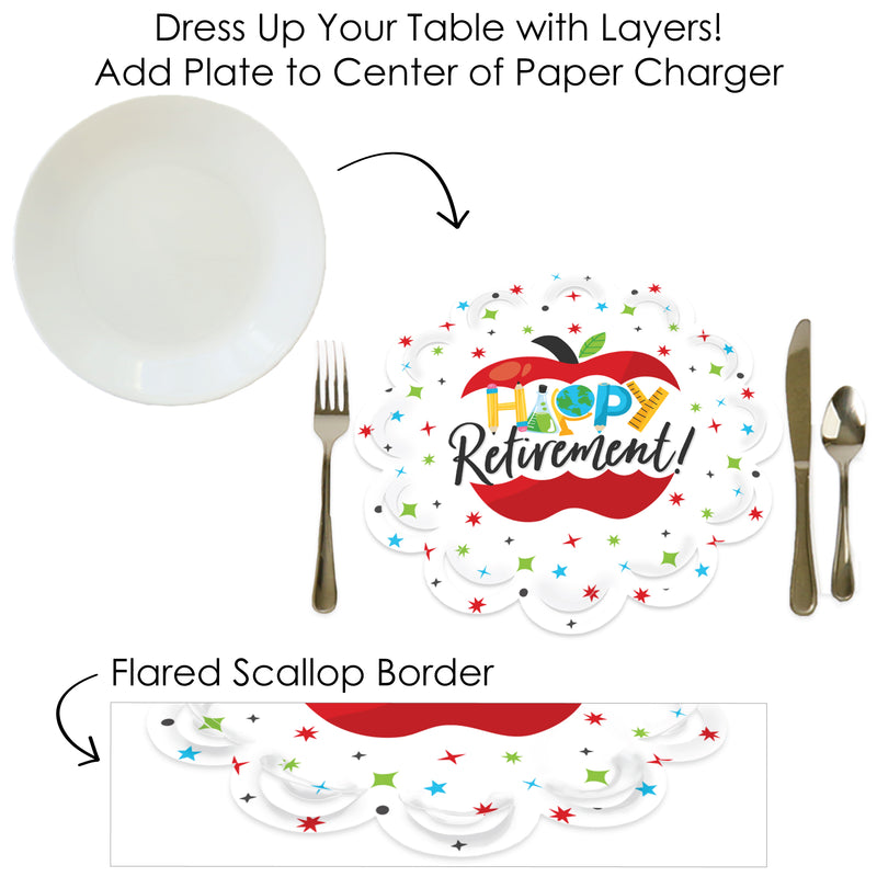 Teacher Retirement - Happy Retirement Party Round Table Decorations - Paper Chargers - Place Setting For 12